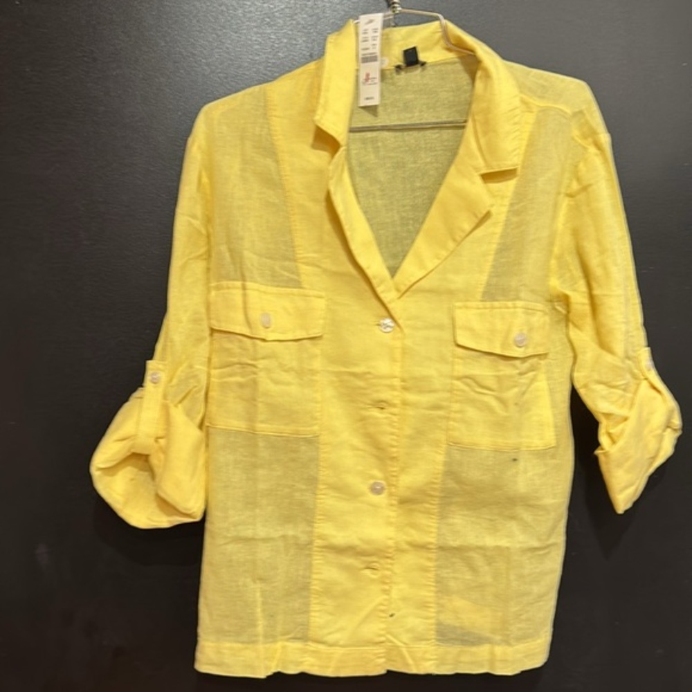 NWT J. Crew Camp-collar shirt in featherweight linen blend, soft yellow, Size 6